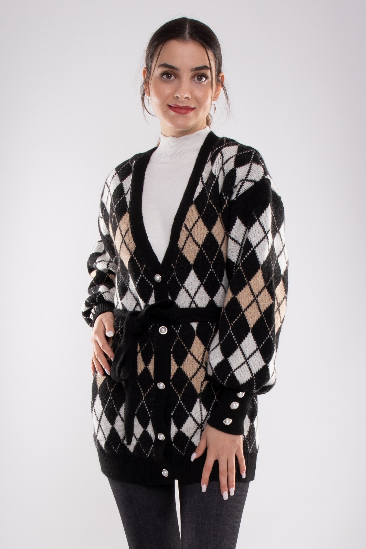 T93723 Cepli Baklava Desen İnci Düğmeli Triko Hırka