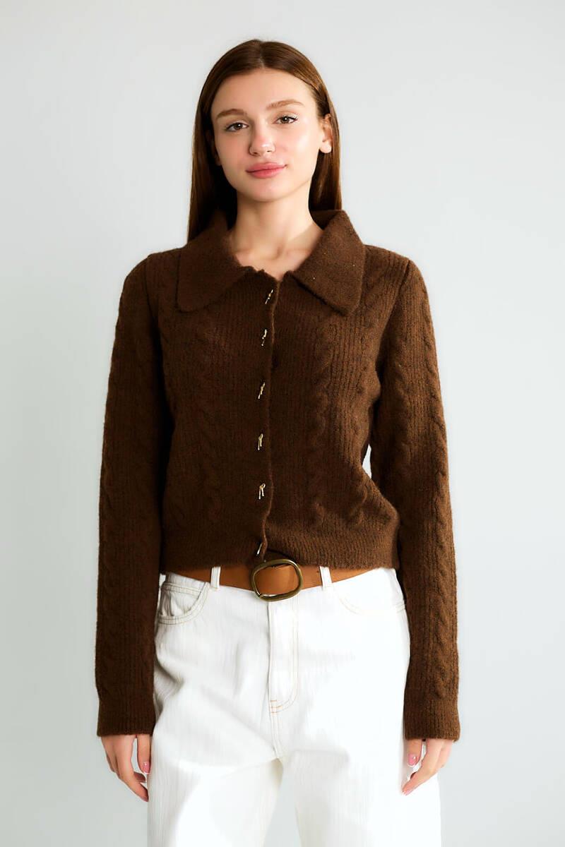 T95083 Fiyonk Düğmeli Polo Yaka Saç Örgü Crop Hırka