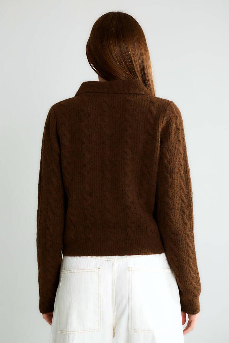 T95083 Fiyonk Düğmeli Polo Yaka Saç Örgü Crop Hırka