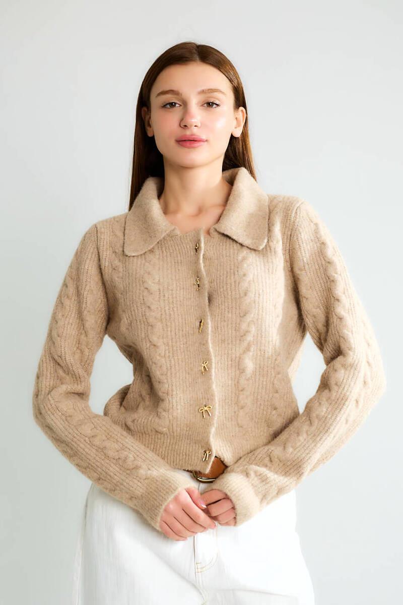 T95083 Fiyonk Düğmeli Polo Yaka Saç Örgü Crop Hırka