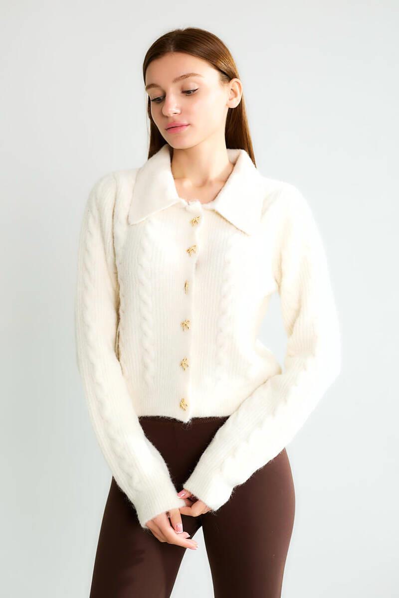 T95083 Fiyonk Düğmeli Polo Yaka Saç Örgü Crop Hırka
