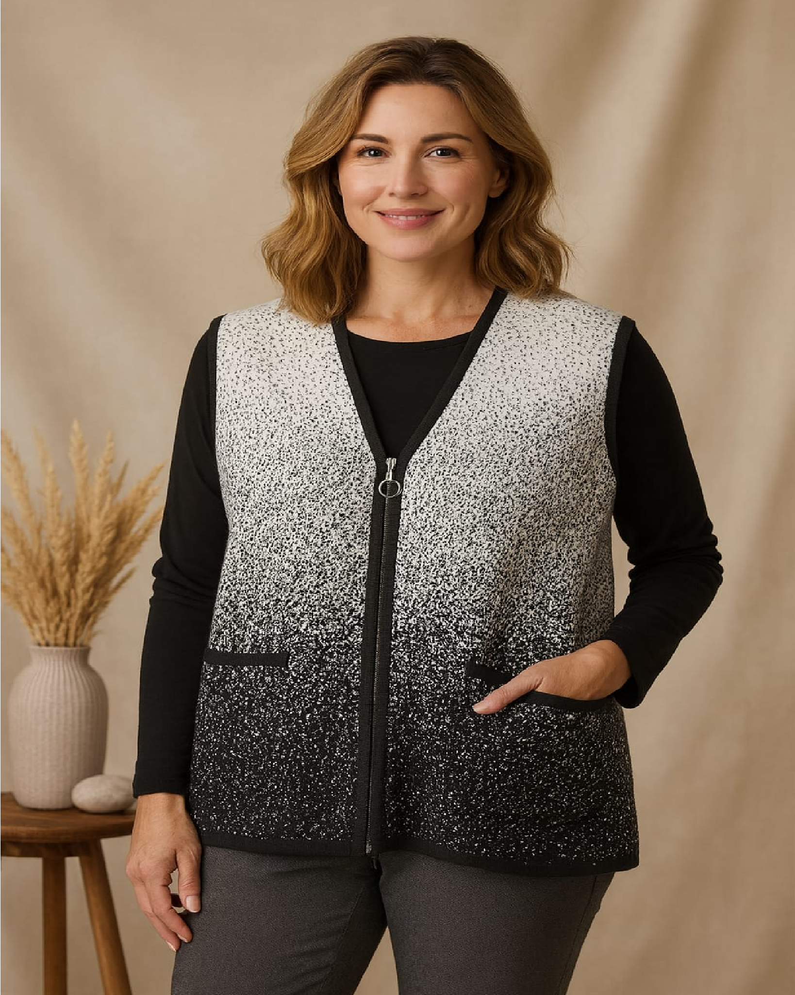 Ü8010 Cepli Fermuarlı İki Renkli Triko Yelek