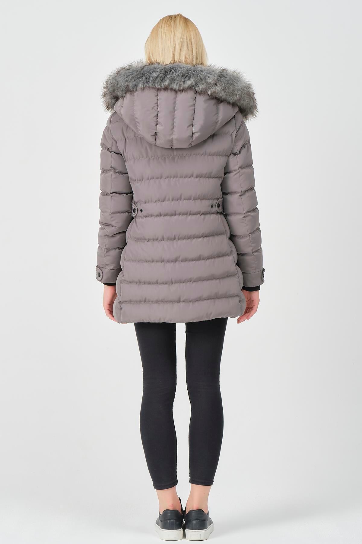 YASMİN25 Kapüşonu Kürklü Beli Çıtçıtlı Slimfit Detay Mont