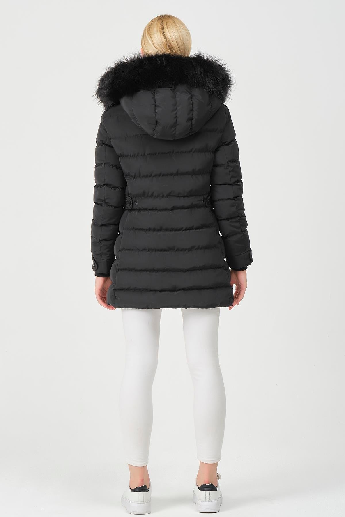 YASMİN25 Kapüşonu Kürklü Beli Çıtçıtlı Slimfit Detay Mont
