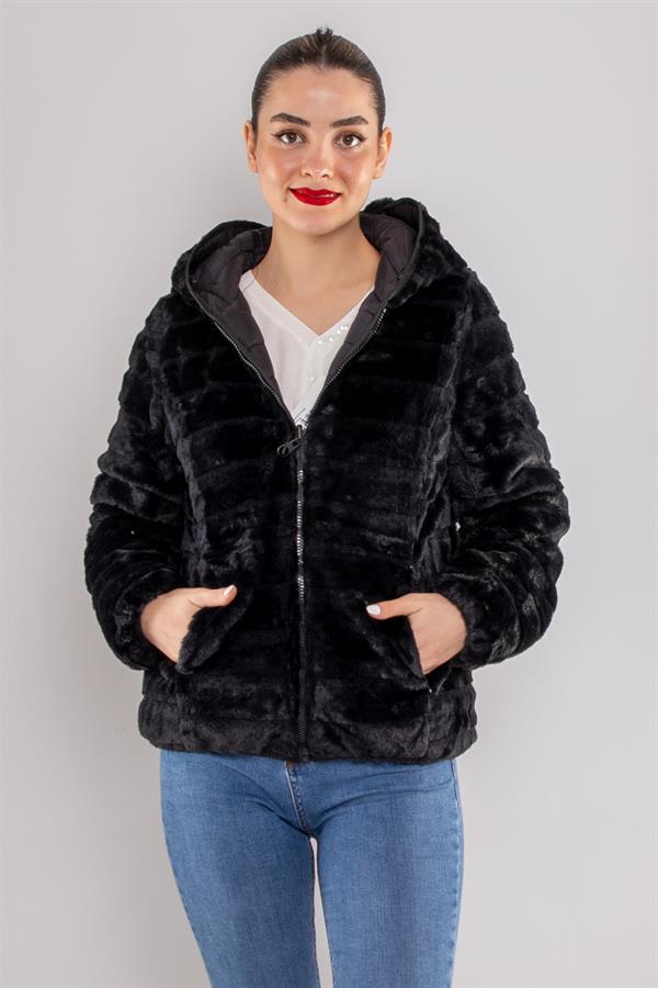 D89325 Slimfit Beli Büzgülü Kapüşonlu İçi Kürklü Şişme Mont
