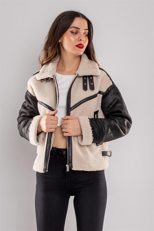 D99143 Peluş Fermuar Detay Mat Suni Deri Kısa Mont