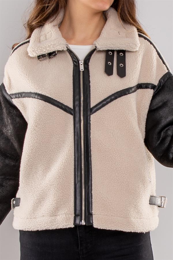 D99143 Peluş Fermuar Detay Mat Suni Deri Kısa Mont