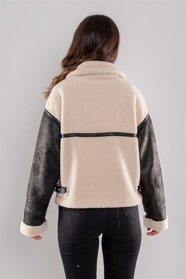 D99143 Peluş Fermuar Detay Mat Suni Deri Kısa Mont