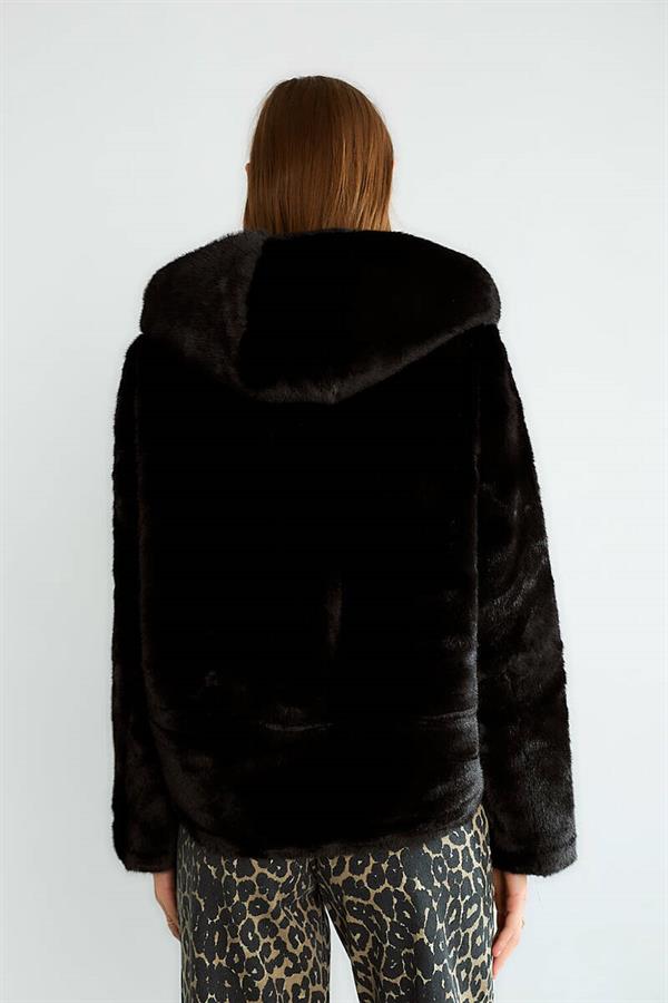 D99680 Kapüşonlu Fermuarlı Peluş Mont