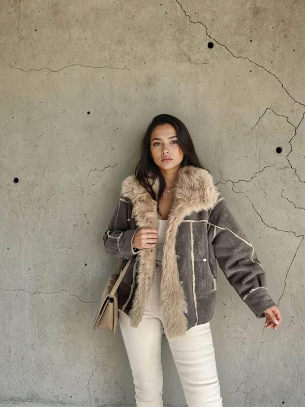 D99867 Çatlak Deri Fermuarlı Kürklü Mont