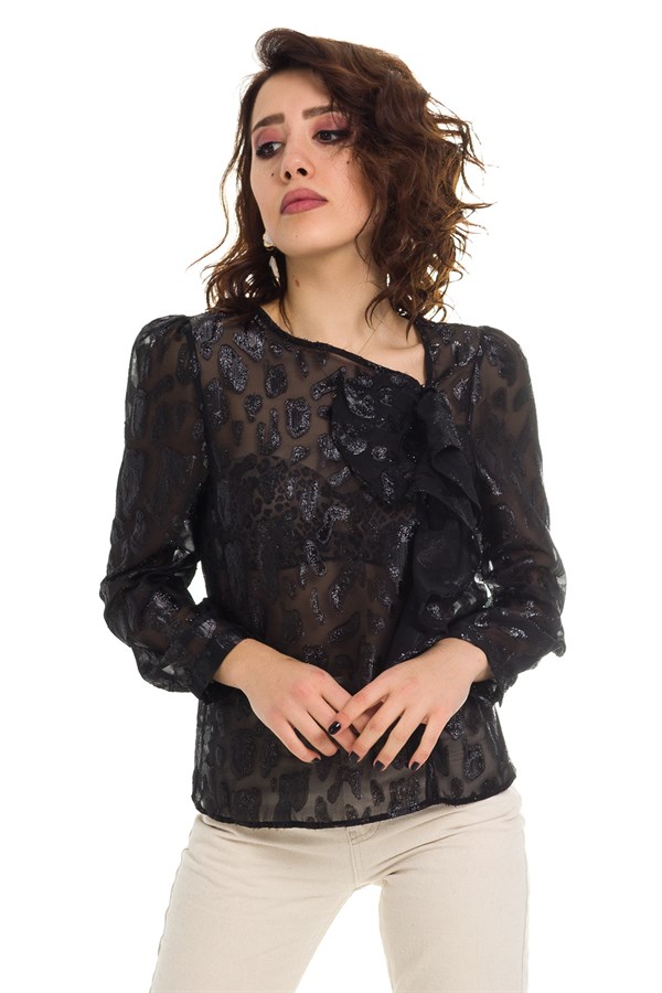 G5754 TEK TARAF VOLANLI SİMLİ BLUZ