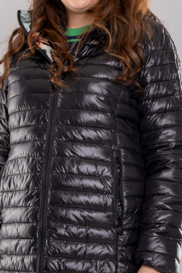 HV959 Slimfit İçi Çiçek Desen Kapüşonlu Eteği Büzgülü Kapitone Mont