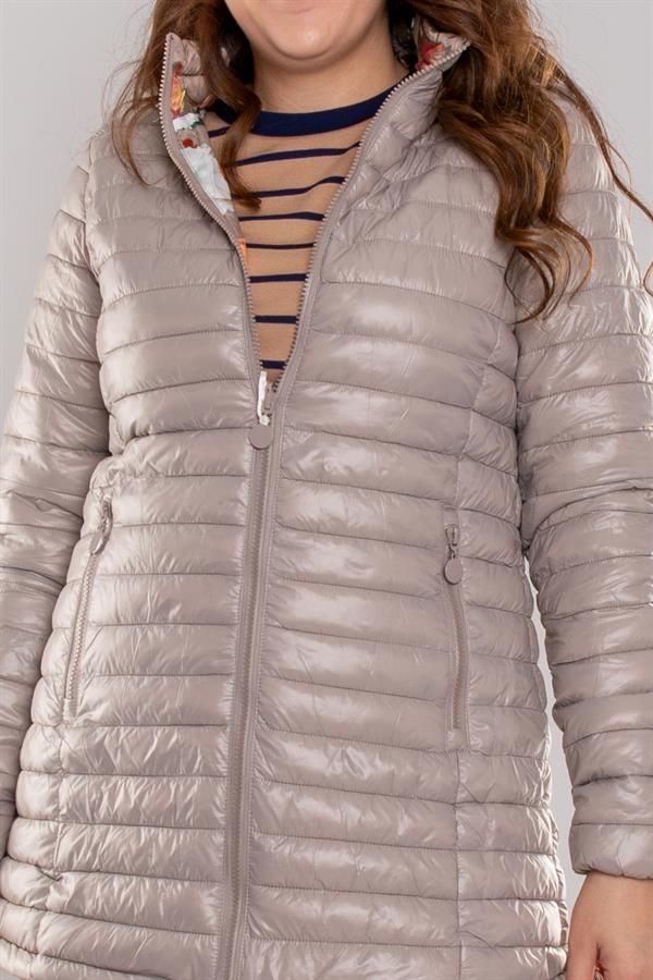 HV959 Slimfit İçi Çiçek Desen Kapüşonlu Eteği Büzgülü Kapitone Mont