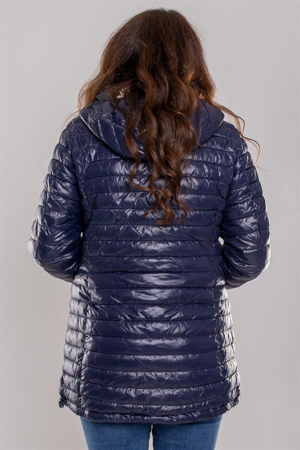 HV959 Slimfit İçi Çiçek Desen Kapüşonlu Eteği Büzgülü Kapitone Mont