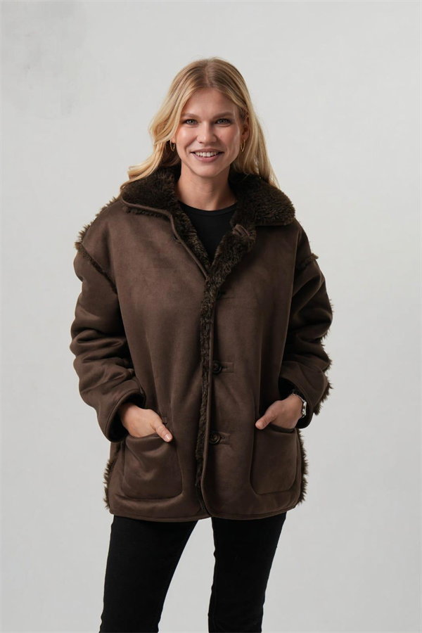 JEAN İçi Kürklü Düğmeli Nubuk Kadın Mont