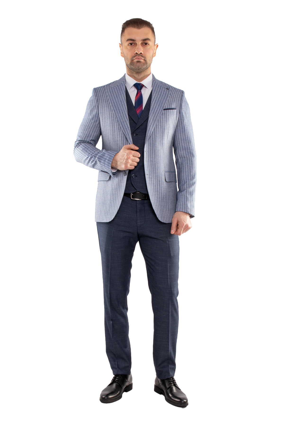 JK35SF02M005 Slimfit 6 Drop Çizgili Keten Yelekli Takım Elbise