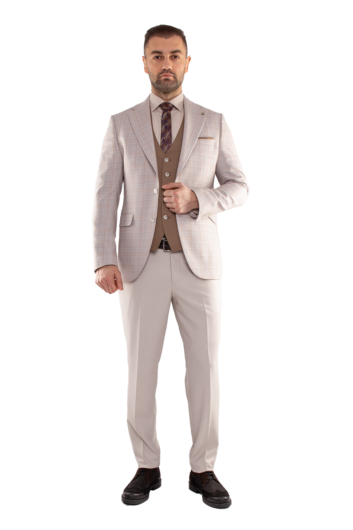 JK35SF02M061 Slimfit 6 Drop Kareli Yelekli Takım Elbise