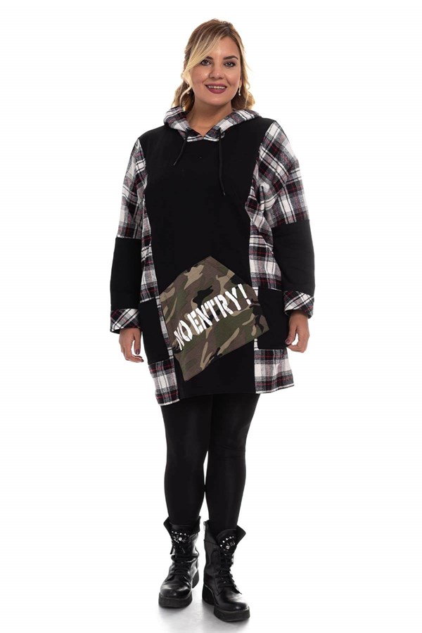 JOY640 Ekose Desen Kapşonlu Tunik