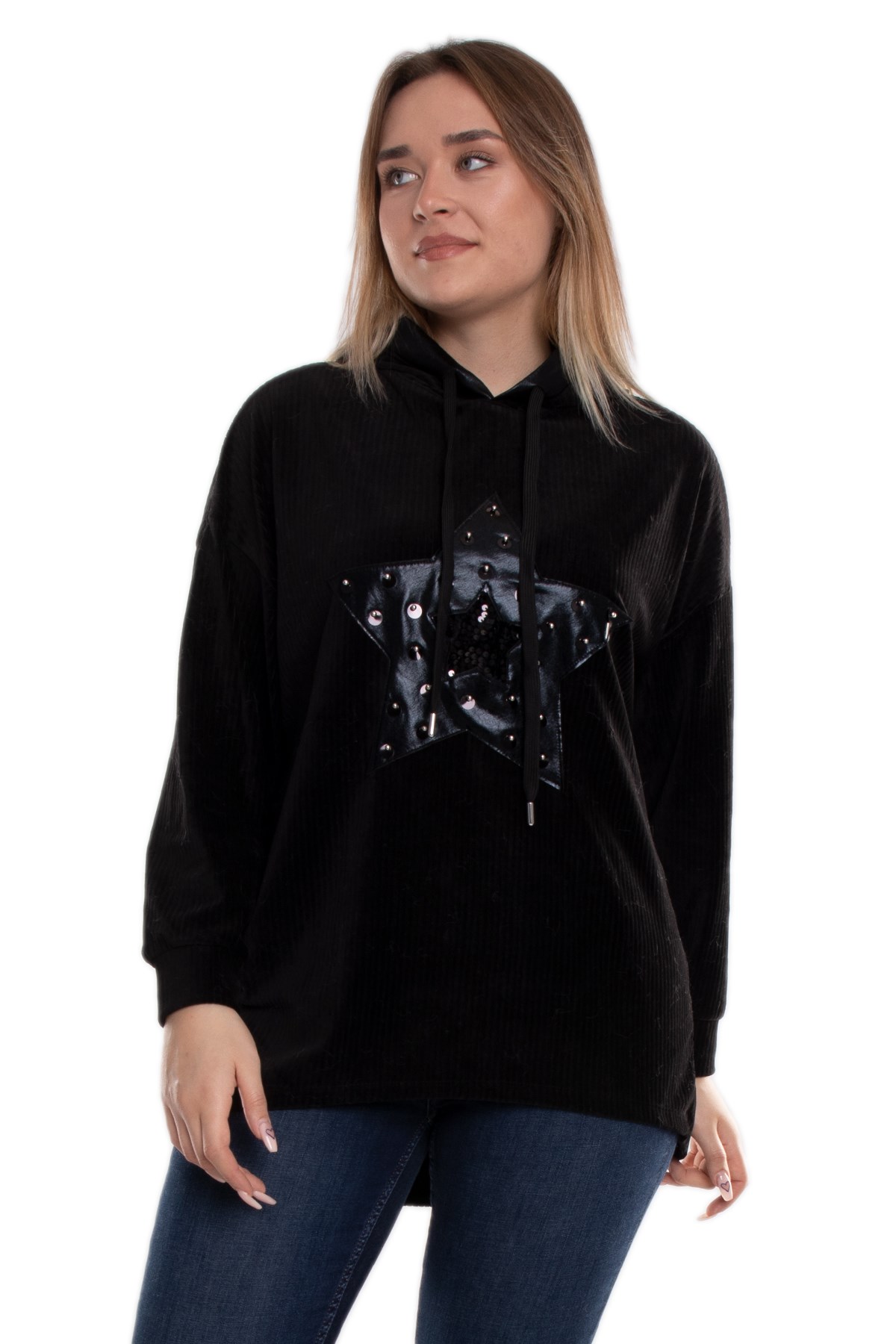 JY147 Yıldız Desen Kadife Kapüşonlu Kadın Sweat