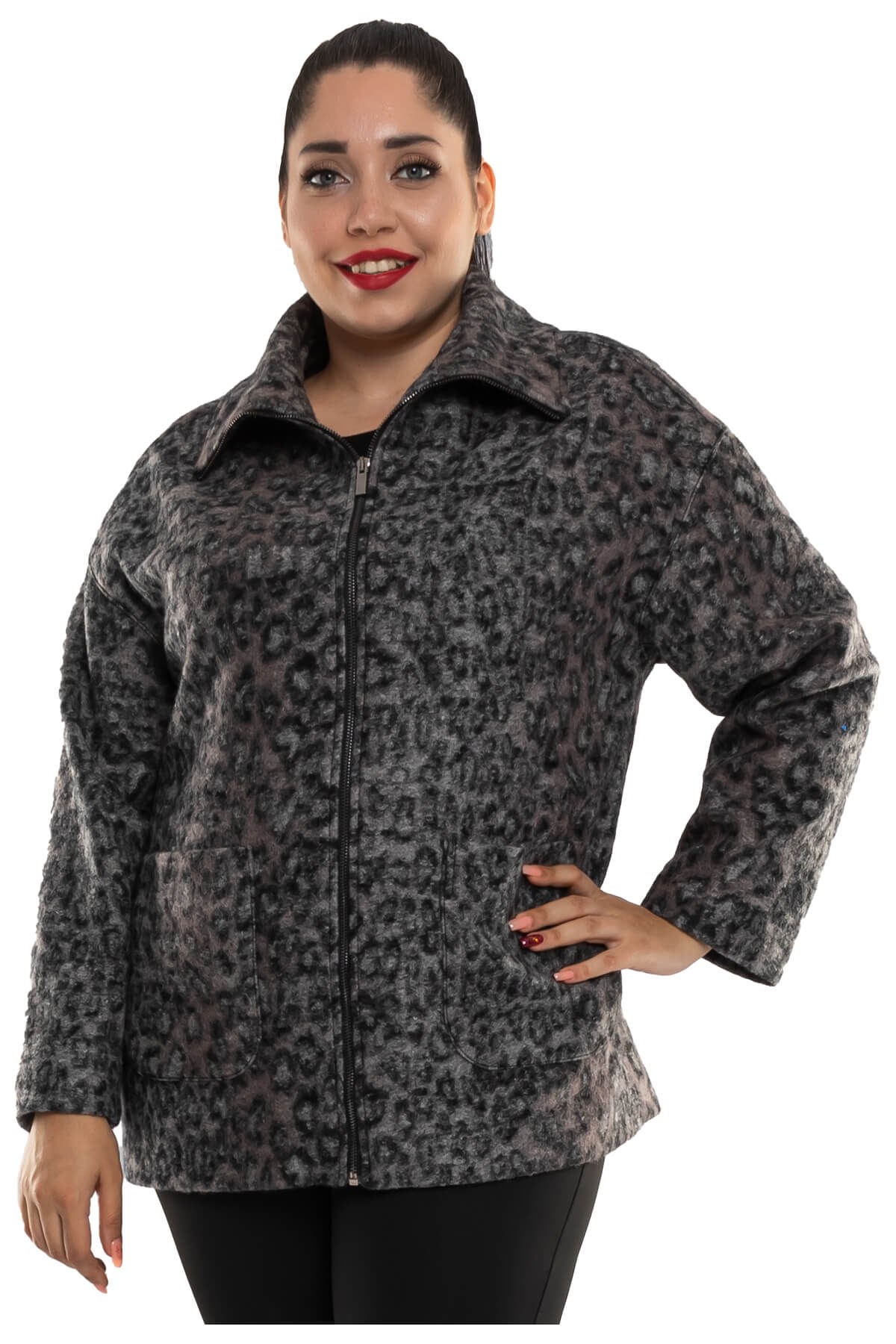 K3205 Büyük Beden Leopar Desenli İçi Astarlı Kadın Mont