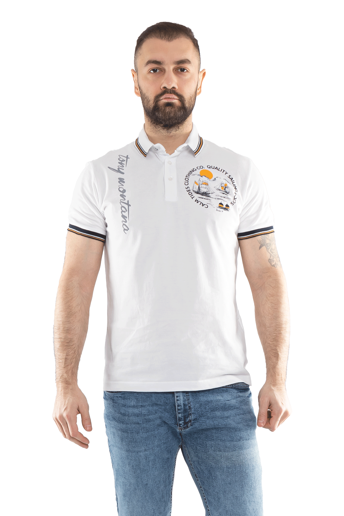 PL-2440 Penye Lacost Polo Yaka Gemi Baskılı Pamuk Tshirt