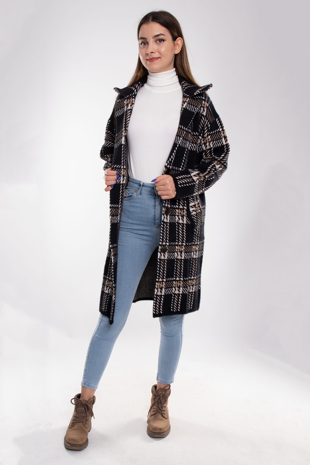 T93721 Kazayağı Desen Triko Uzun Ceket