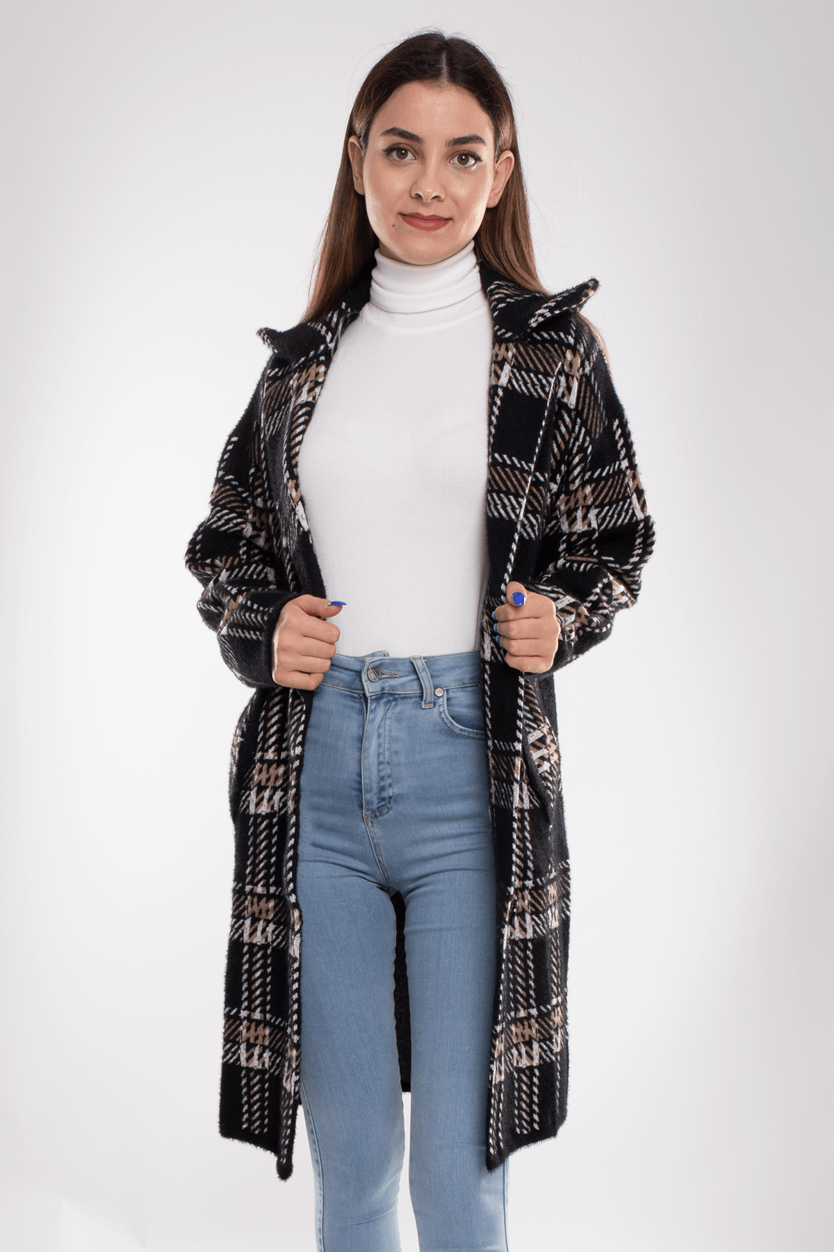 T93721 Kazayağı Desen Triko Uzun Ceket