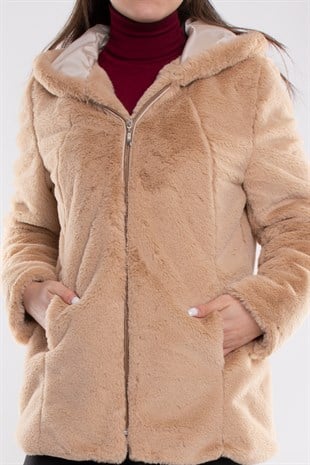 1030-1 Kapüşonlu Peluş Kürklü Ceket