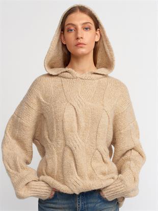 10496 Kapüşonlu Saç Örgü Oversize Kazak