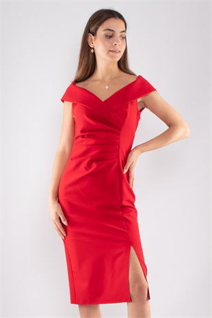 1057 Madonna Yaka Beli Drape Midiboy Krep Elbise