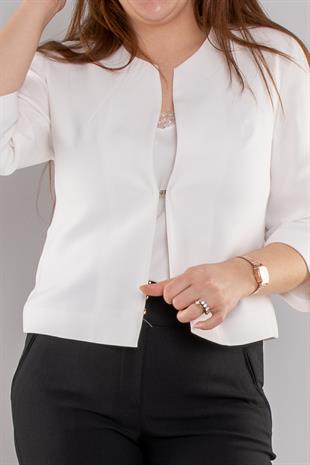 1070 Büyük Beden Yakasız Çıtçıtlı Krep Bolero Ceket