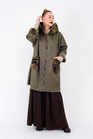 10726-3 Kamuflaj Desen Fermuarlı Uzun Süet Kaban