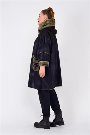 10726-3 Kamuflaj Desen Fermuarlı Uzun Süet Kaban