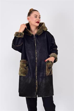 10726-3 Kamuflaj Desen Fermuarlı Uzun Süet Kaban