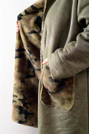 10726-3 Kamuflaj Desen Fermuarlı Uzun Süet Kaban