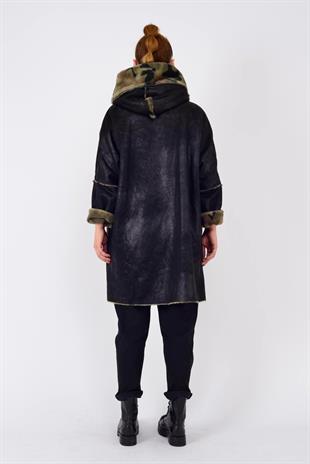 10726-3 Kamuflaj Desen Fermuarlı Uzun Süet Kaban