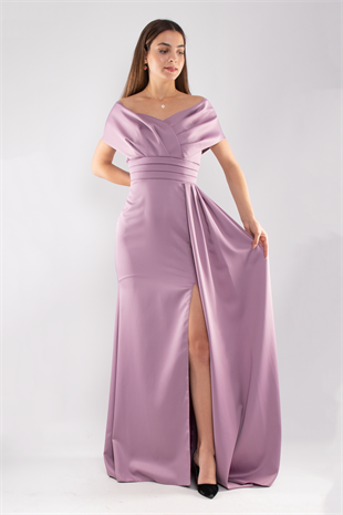 1195 Beli Drape Kayık Yaka Yanı Kuyruklu Uzun Saten Elbise