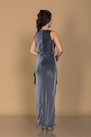 1359 Kruvaze Yaka Yanı Drape Eteği Valonlu Yırtmaç Uzun Sim Elbise