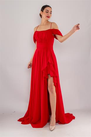 1380 İp Askı Göğüs Drape Yanı Fırfırlı Uzun Şifon Elbise