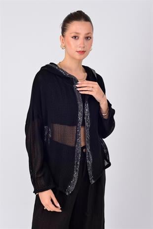 14316 Düz Desen Pullu Kapüşonlu Fileli Keten Ceket