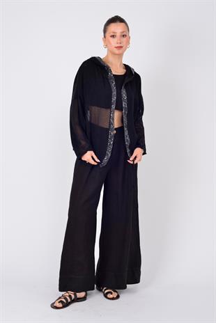 14316 Düz Desen Pullu Kapüşonlu Fileli Keten Ceket