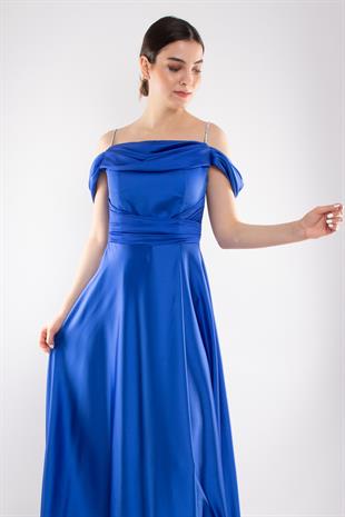 1440 Şalyaka Beli Drape İpAskı Uzun Saten Elbise