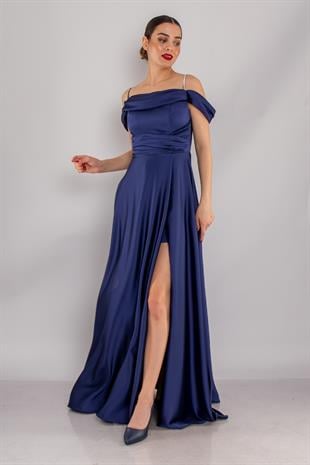 1440 Şalyaka Beli Drape İpAskı Uzun Saten Elbise