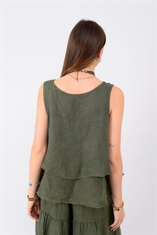 14930 Asimetrik Kesim Keten Kolsuz Bluz