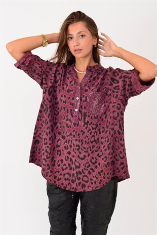 15451-23 2025 Leopar Desen Pul Detaylı 3 Düğme Gömlek