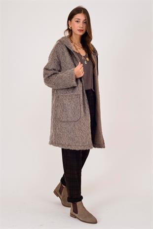 21052 Düz Desen Kapüşonlu Fermuarlı Keçe Kaban