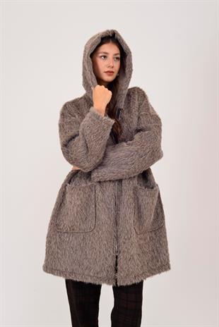 21052 Düz Desen Kapüşonlu Fermuarlı Keçe Kaban