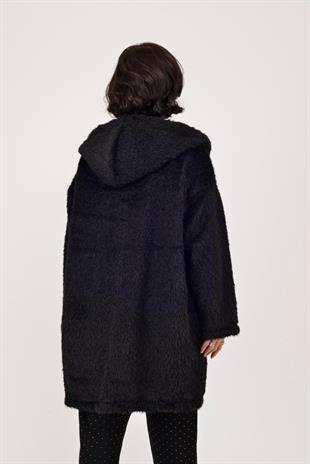 21052 Düz Desen Kapüşonlu Fermuarlı Keçe Kaban