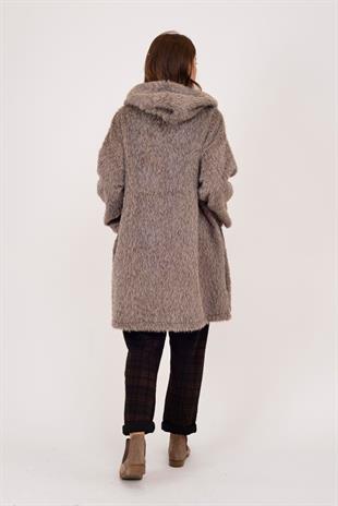 21052 Düz Desen Kapüşonlu Fermuarlı Keçe Kaban