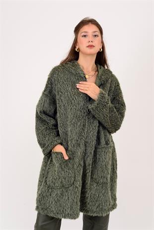 21052 Düz Desen Kapüşonlu Fermuarlı Keçe Kaban